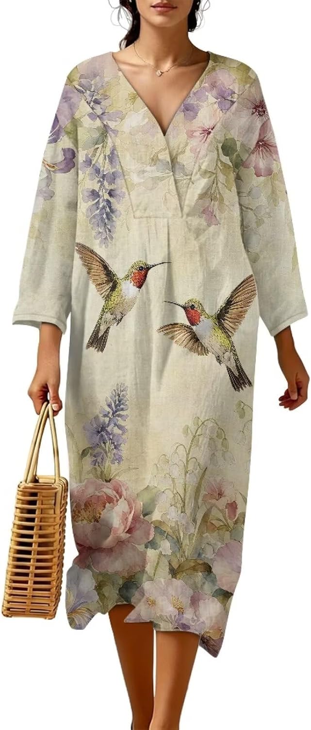 Wanyint Womens Shift Dress Loose Flowy 3/4 Sleeve Day Dress Linen-Like Polyester V Neck Beach Cover Up Boho Sundress, S-4XL