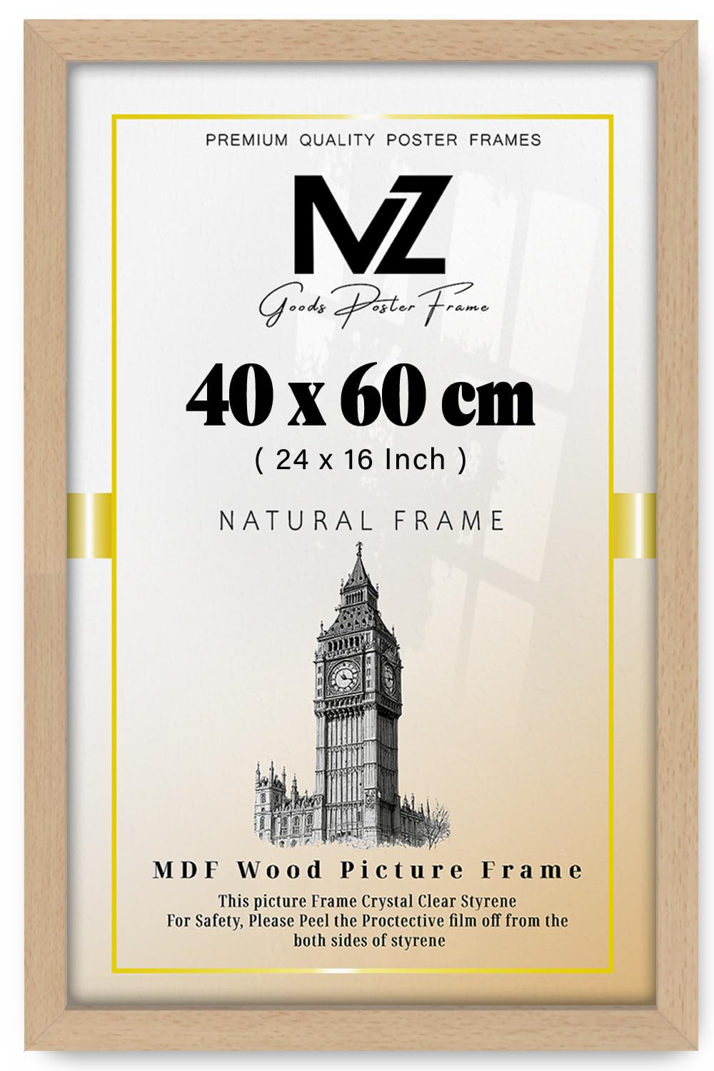 MZ GOODS | MDF Picture Frame (40 x 60 CM) 16 x 24 for Posters, Art & Room Interiors, Premium MDF Finish, Includes Hanging Hooks [ Beech ]