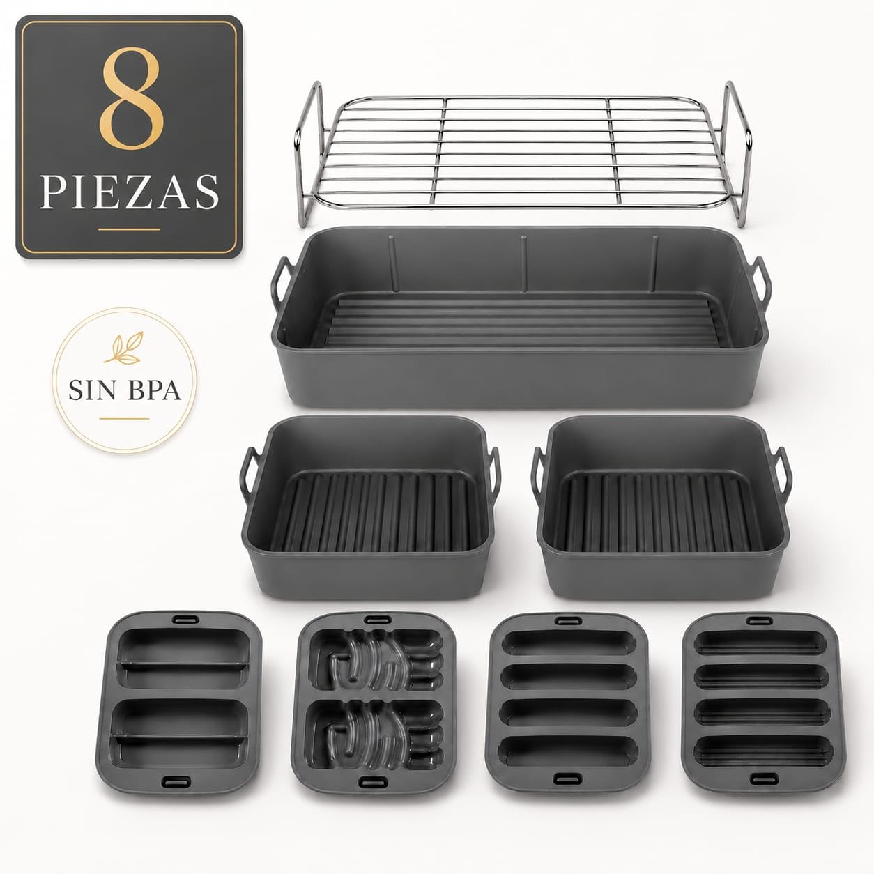 Pack para freidora de aire de 8 piezas compatible con Cosori Twinfry 10 l | 3 moldes con base de ondas suaves, 4 moldes de formas y rejilla S304 de doble altura, aptos para lavavajillas y hasta 230 °C