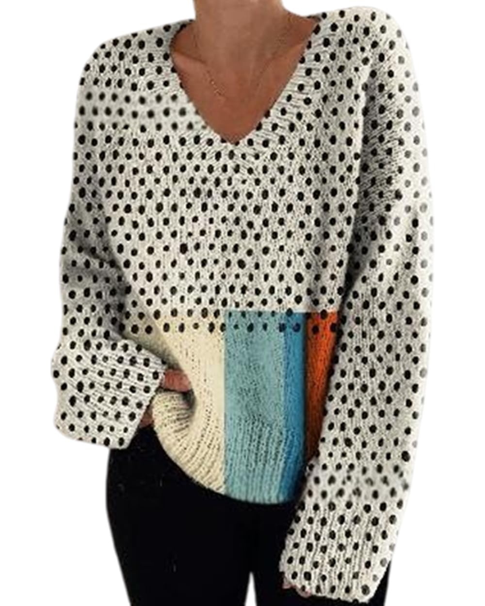Womens Cute Print Lightweight Knit Sweaters V Neck Long Sleeve Cozy Pullover Tops Fall Casual Outfits for Ladies