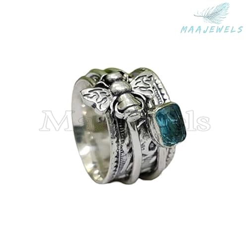 Blue Topaz Ring, Solid 925 Sterling Silver Ring, Fidget Ring, Worry Ring, Spinner Ring, Halloween Hub, Honey Bee, Gift For Wife, Statement Ring,