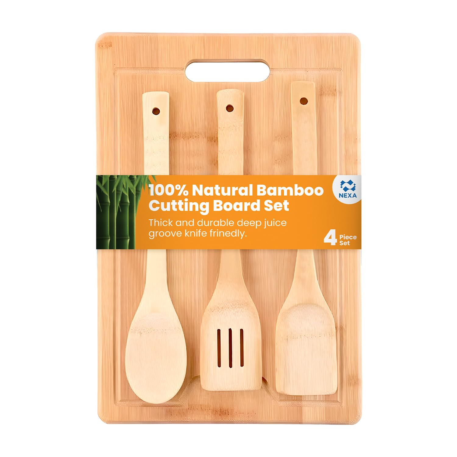 NEXA Bamboo Chopping Board Set – Natural Bamboo Cutting Board With 3 Utensils, Knife-Friendly Design & Juice Groove For Chopping Meat, Vegetables, Fruits, And Cheese 4PCS/1Set