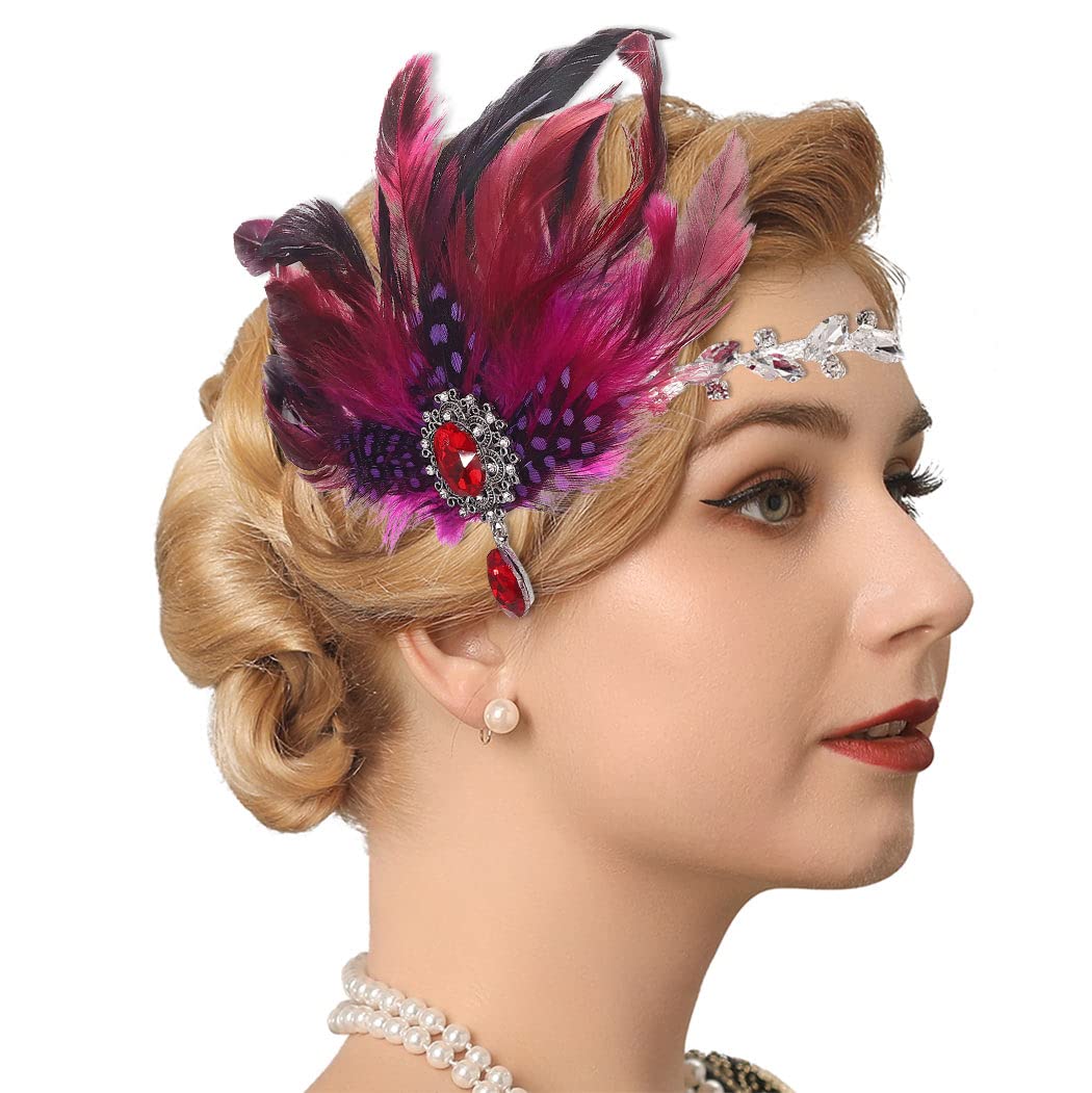 1920s Flapper Headband Rose Red Feather Headpiece Crystal Gatsby