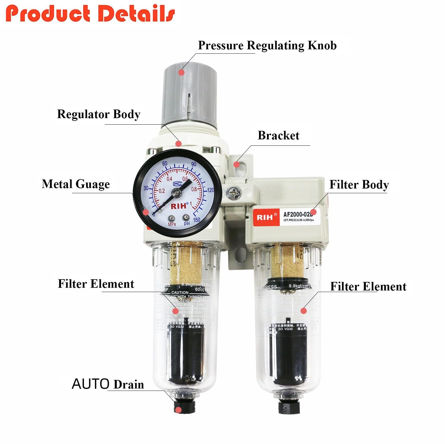 RIH Pneumatics AC2011-02D - Filtro y regulador doble de aire comprimido NPT de 1/4 pulgadas, sistema de secado de aire, separador de agua de compresor de aire, cuenco de polietileno, calibre de 0-150