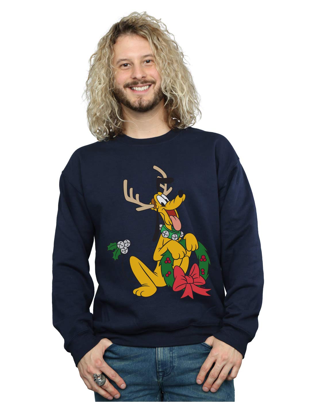 Absolute Cult Men's Navy Blue Disney Pluto Christmas Reindeer Sweatshirt Medium