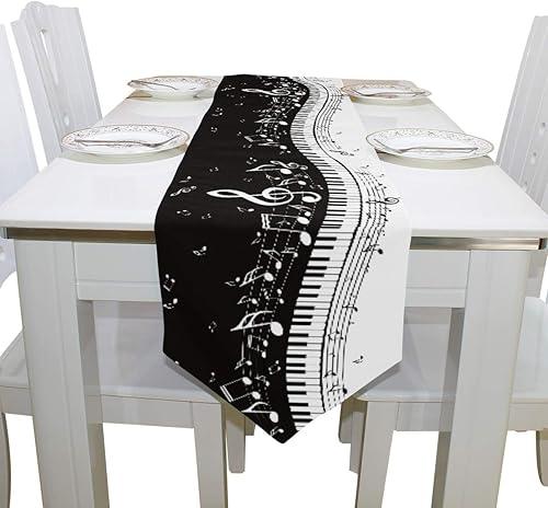 Miniatura 4 de WOOR Camino de mesa retro de doble cara con notas y teclas de piano, camino de mesa de 13 x 90 pulgadas de largo, mantel para bodas, fiestas,