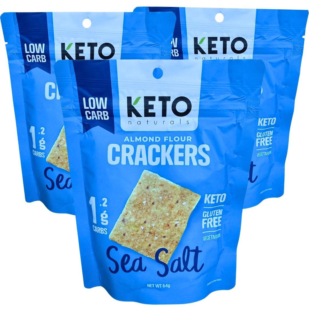 Keto Crackers (Sea Salt), low carb crackers, Keto Snacks, low carb snack. No added Sugar, high fibre & gluten free (3 x 64g Packs). Almond flour crackers, Keto snacks no carbs no sugar, paleo