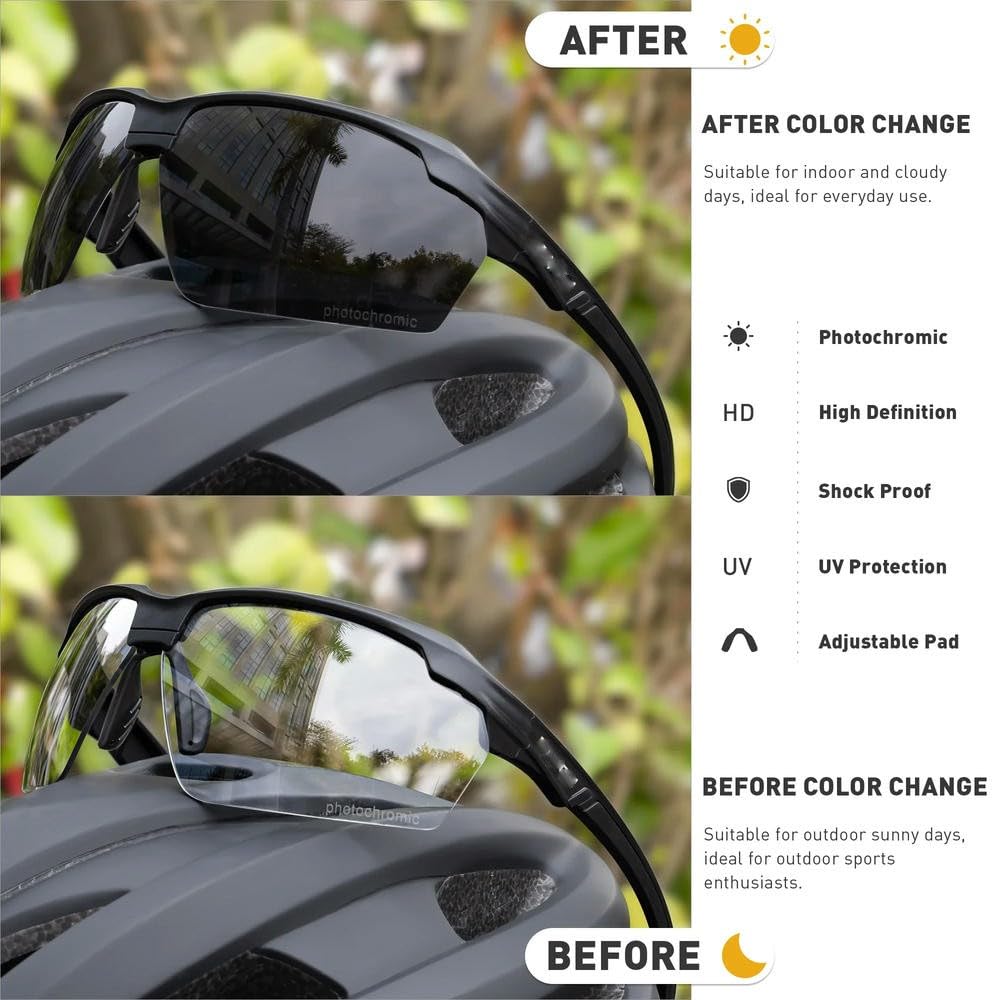 DYRBF fotochromowe okulary rowerowe mężczyźni kobiety sportowe okulary przeciwsłoneczne ochrona UV400 pół obręczy design antypoślizgowe noski do roweru szosowego roweru górskiego biegania