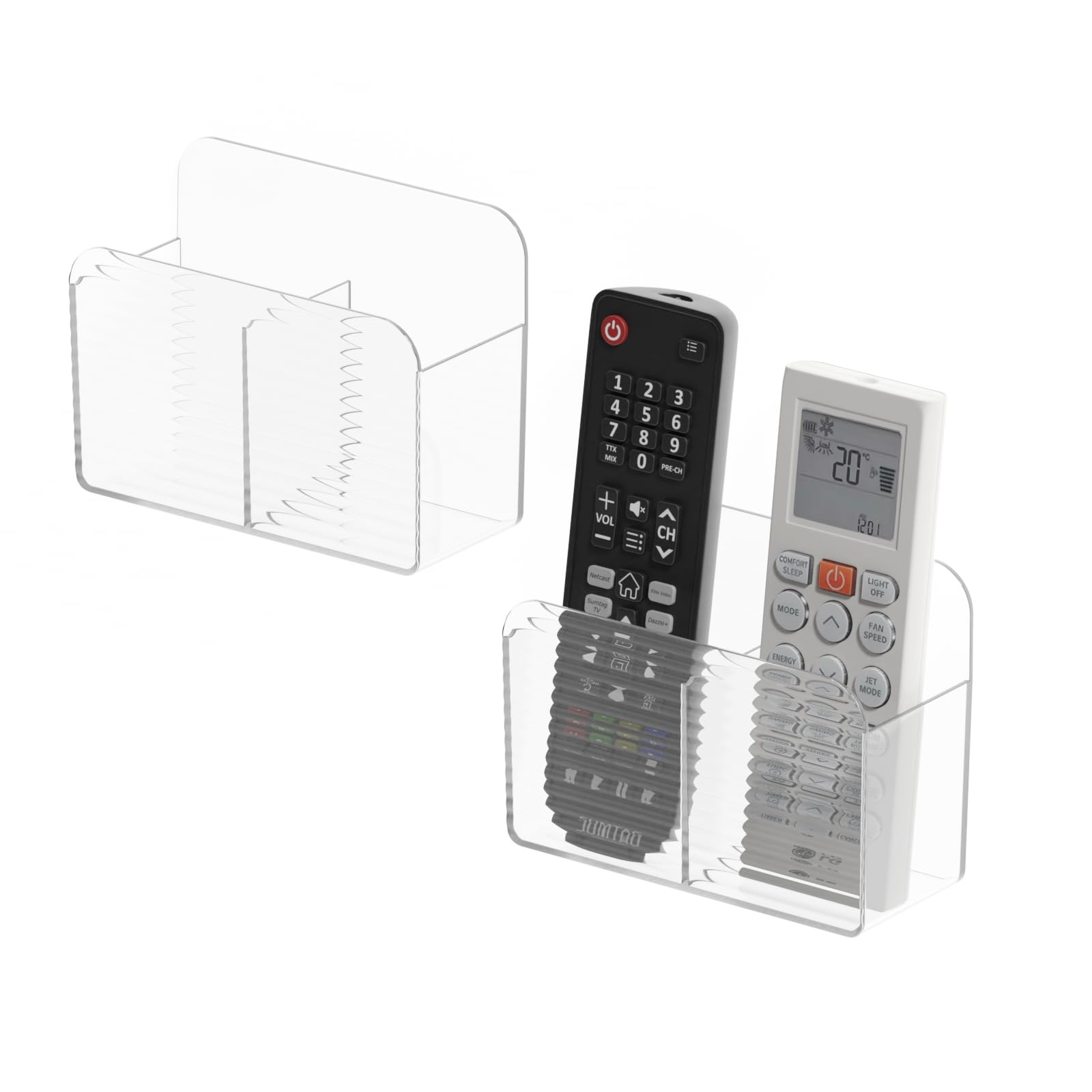 PAVSTINE Wall Control Holder without Drill, 2 Pieces Self-Stick Remote Holder with Compartments, Multifunctional Controller Organizer for Remote Controls and Media Player, Transparent