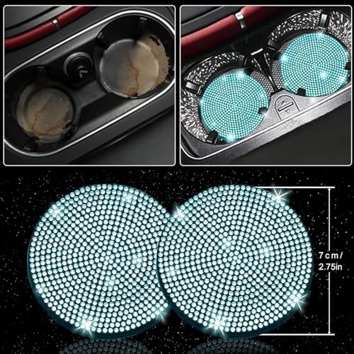 Image of NBTEPEM 27 PCs Aquamrine Bling Car Accessories Set for Women, Steering Wheel Covers Universal Fit 15 Inch, Bling License Plate Frame, Bling Phone Holder, Bling Car Coasters (Aquamrine Diamond)