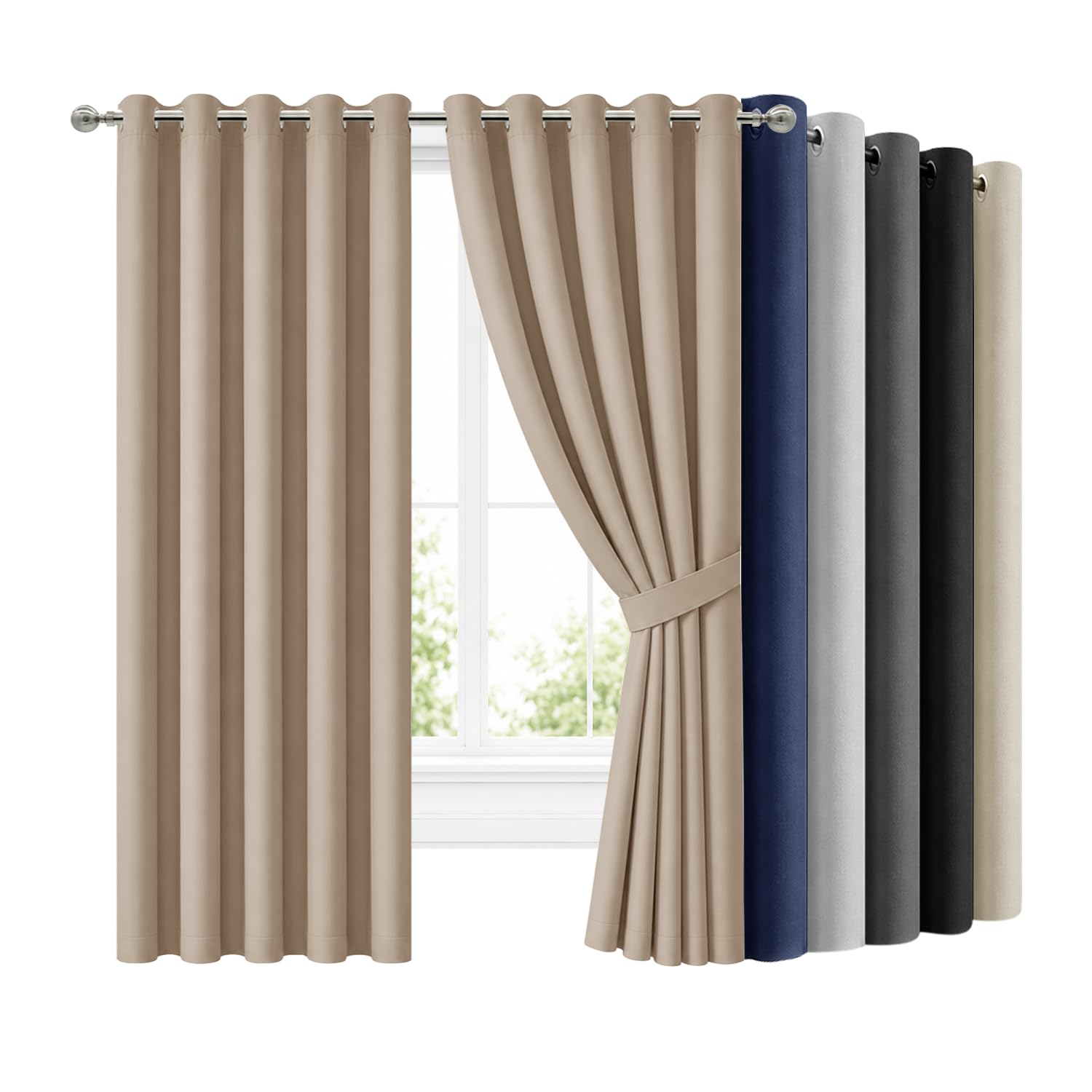 Hafaa Blackout Curtains for Bedroom Beige 66x90 Inch Ring Top Black Out Curtains for Living Room Thermal Insulated Energy Savig Curtain and Drapes 2 Panels with Tiebacks