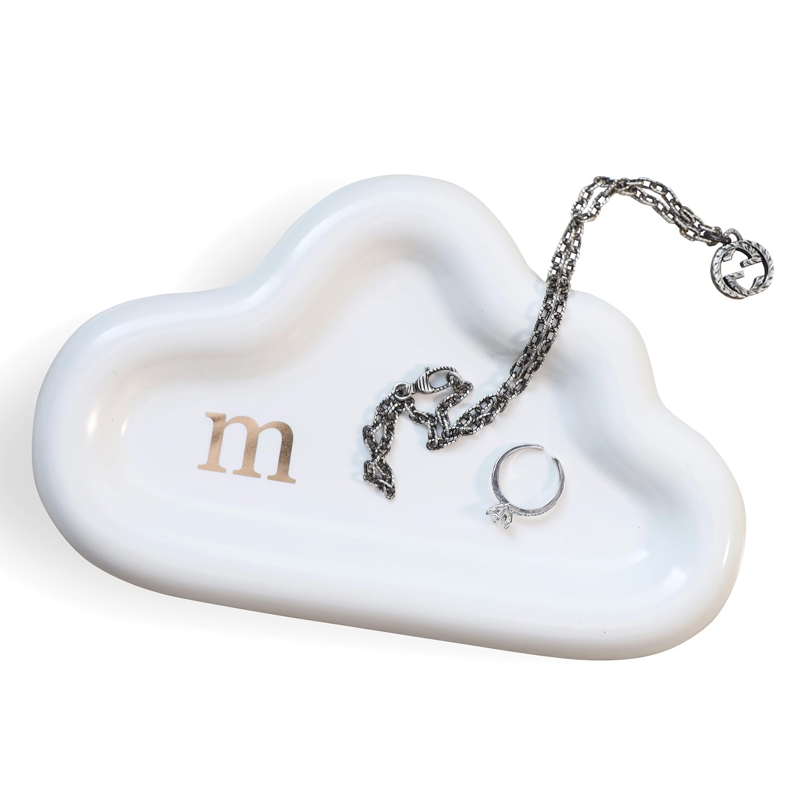HOME SMILE Initials Cloud Ring Dish Jewery Tray with Personalized M, Monogrammed Engagement Wedding Gifts for Friends,Sister,Birthday Christmas Gifts for Women,Ceramic White