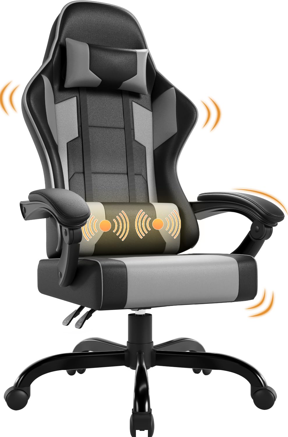 Airfish Sedia da Gaming Massaggiante con Poggiatesta e Cuscino Lombare,Poltrona Gaming Regolabile 90-150°,Ergonomico Sedia da Ufficio Portata 150kg,Grigio