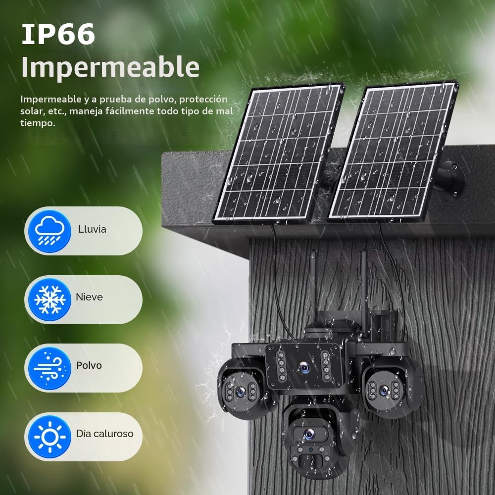 SHIWOJIA 4G AOV Cámara solar 【Cuatro objetivos】 con tarjeta SIM 20100mAh cámara exterior inalámbrica, detección de persona 20MP HD, independiente con batería grabación continua 24/7, visión nocturna