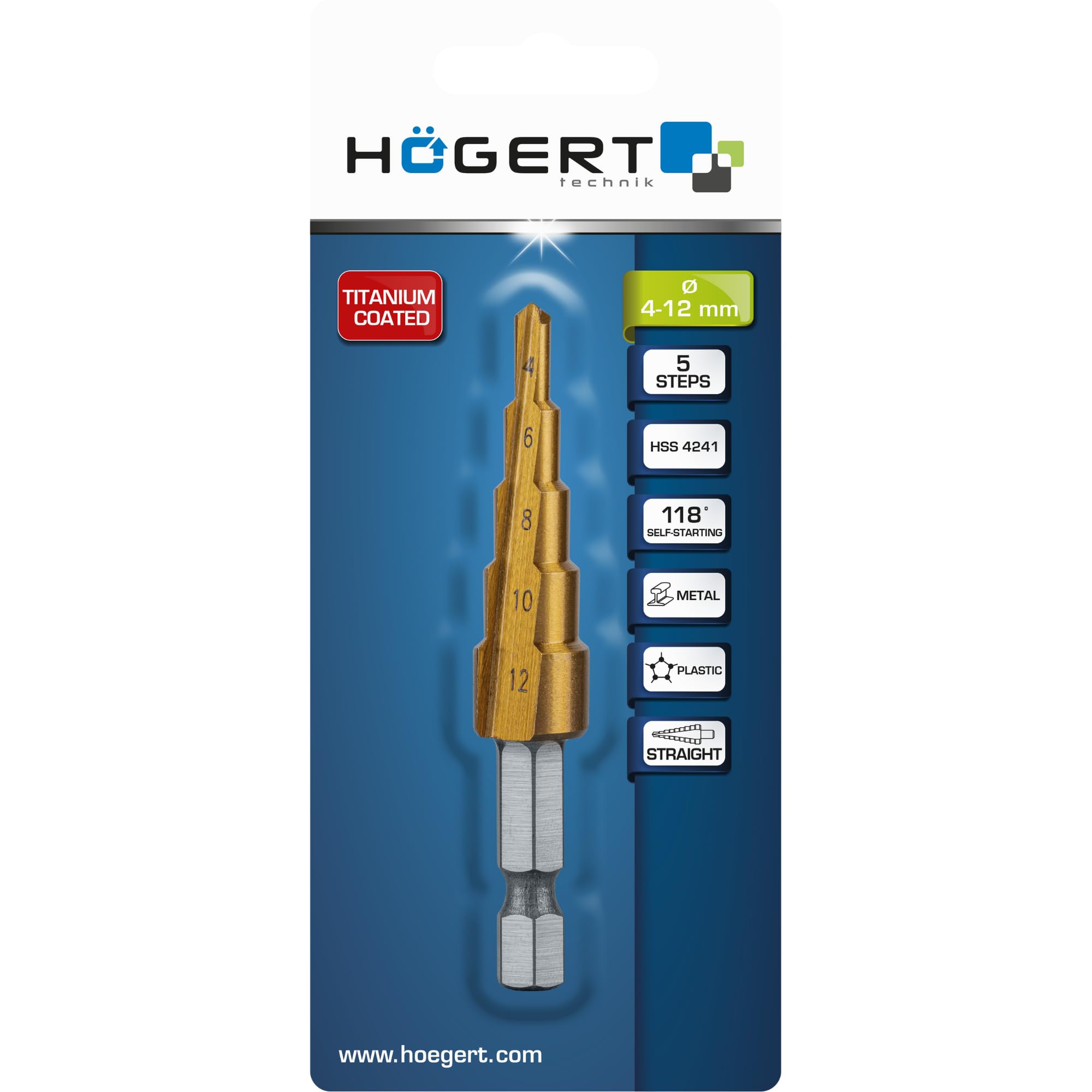 Högert Technik Wiertło stopniowe 4 – 12 mm, wiertło do obierania HSS powlekane tytanem, HEX 1/4", wiertło stożkowe do metalu, drewna i tworzywa sztucznego, wiertło stożkowe