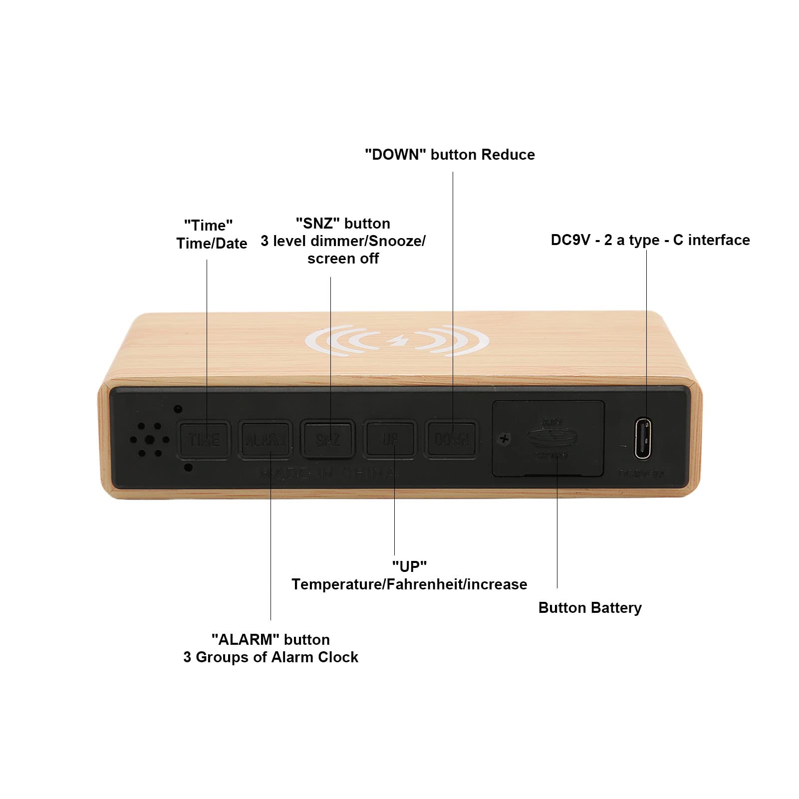 Sveglia in Legno con Ricarica Wireless, Display LED Dimmer a 3 Livelli, Temperatura e Data, Snooze, Schermo Spento, Legno di bambù, Ornamento Decorativo, Regali per Bambini