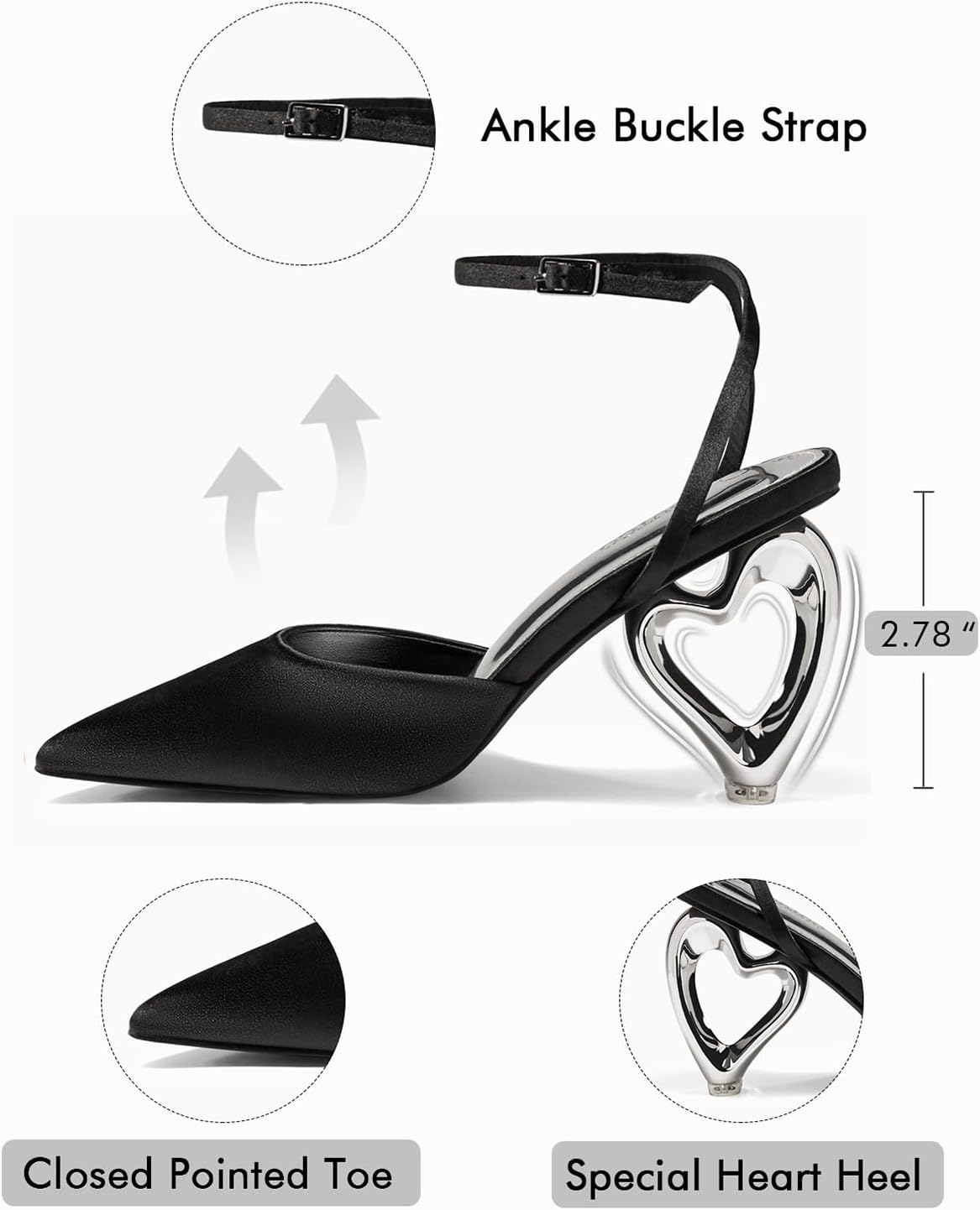 Coutgo Womens Kitten Heels Closed Pointed Toe Heart Heel Ankle Strap Satin Pumps Wedding Prom Dress Valentine Shoes - Image 4