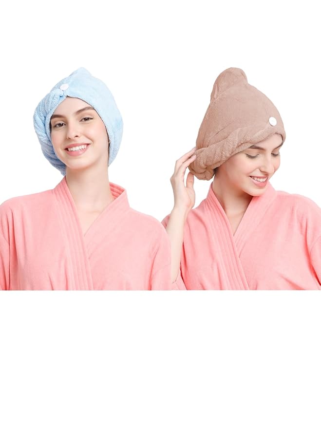 Cortina Microfiber Hair Towel Cap, Soft Absorbent Quick Drying Cap for Curly Thick Hair, Wrap Cap for Women Girls-Pack of 2, Blue-Lt. Brown