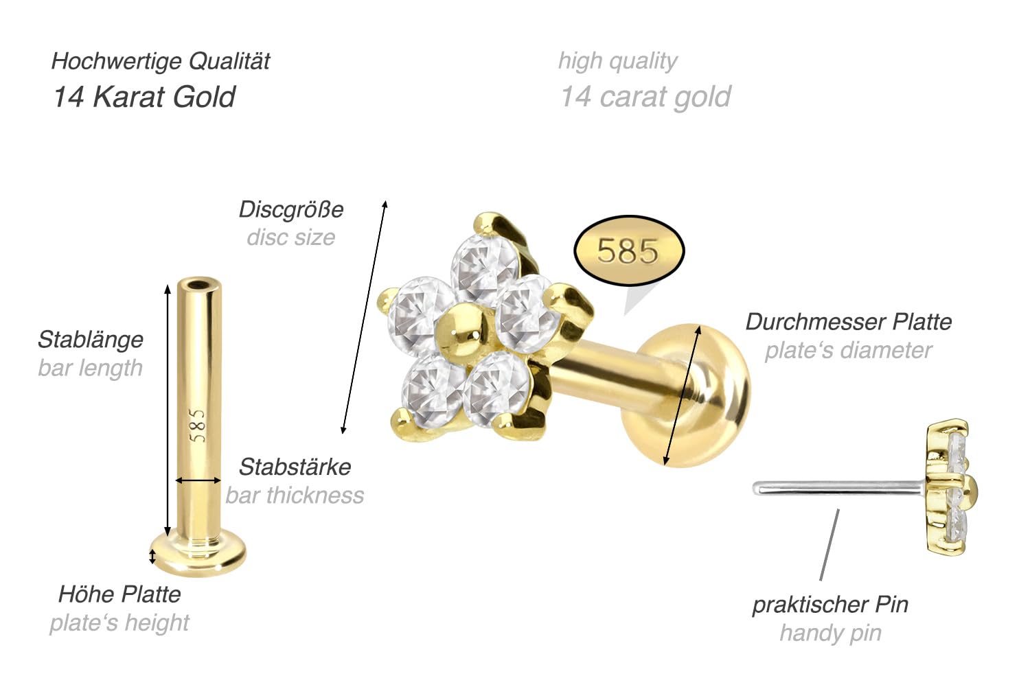 PIERCINGLINE 14 Karat Gold Labret Ohr Piercing mit Push Fit MOISSANIT BLUME 0,075 kt Farb & Größenauswahl