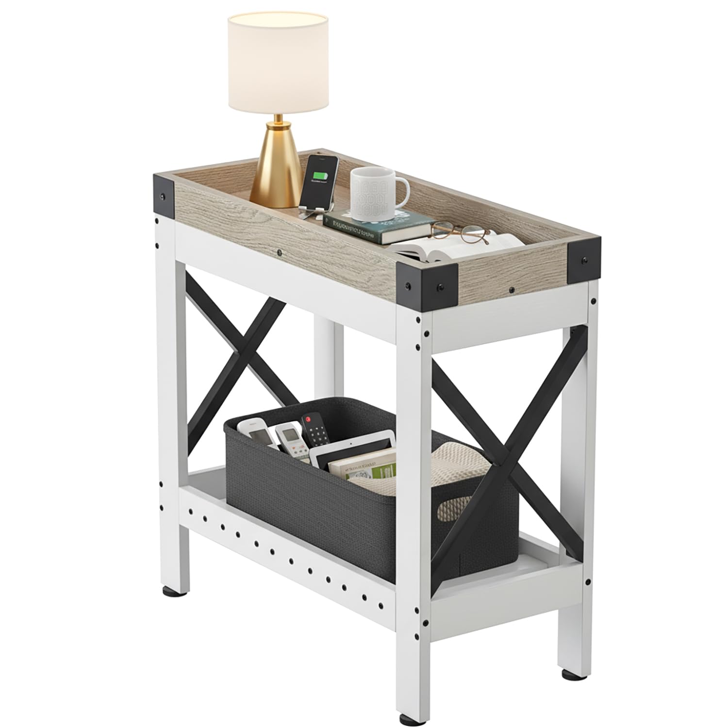 ZEXVIDA Narrow Side Table, Farmhouse End Table,Sofa Side Table, End Table Nightstand for Bedroom, Living Room, Small Spaces(White)