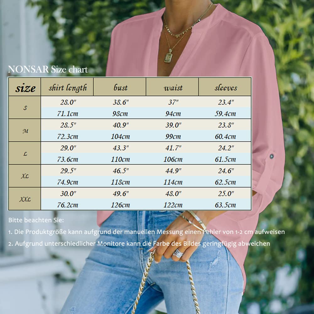 NONSAR Camicetta da donna Henley, elegante, con scollo a V, maniche arrotolabili, in stile casual