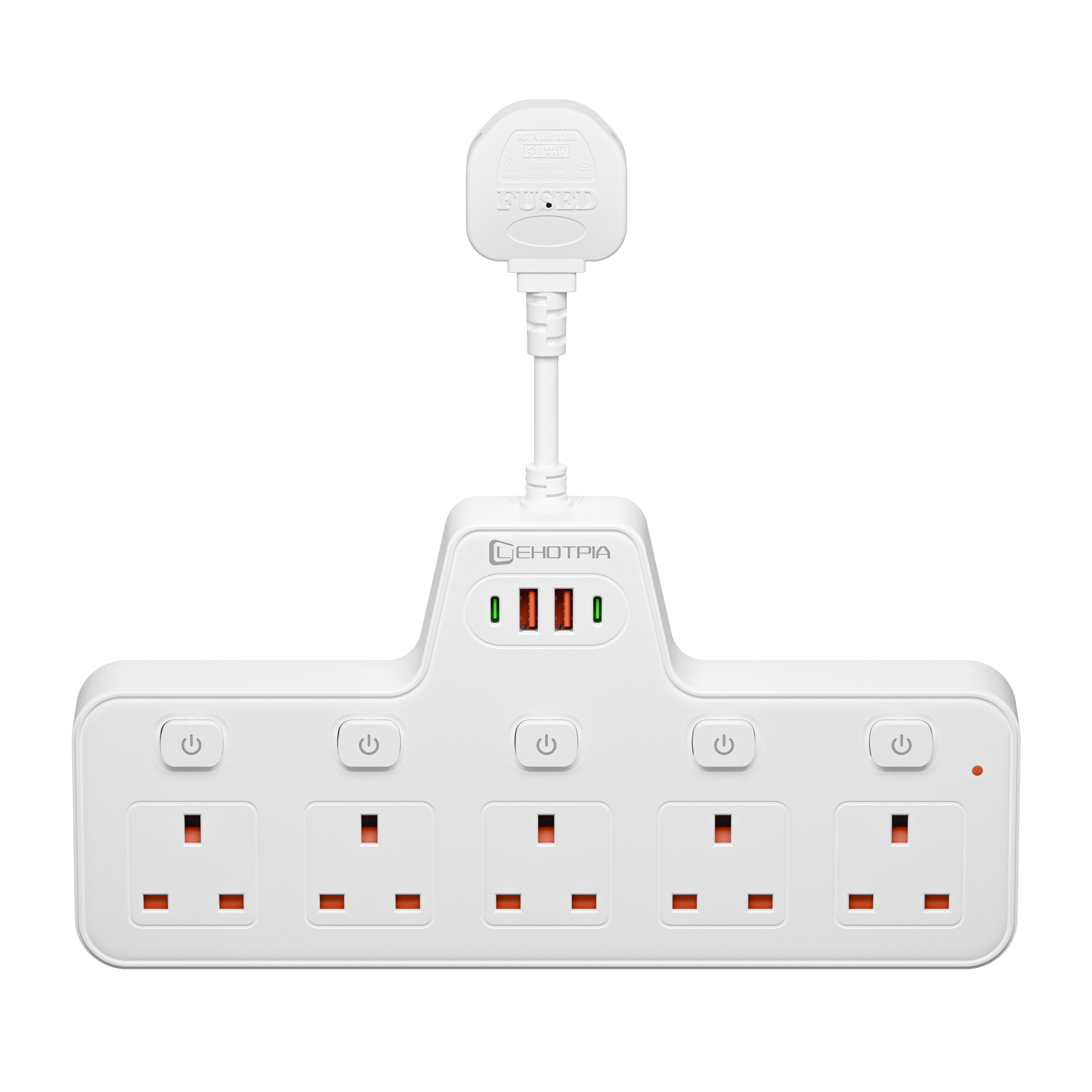 LEHOTPIA Power Strip Extension Lead Socket 5 Way with Flexible Plug, Extension Lead with Two Usb Slots with Individual Switches, Short Small Extension Adaptor for Home,Kitchen.(White)