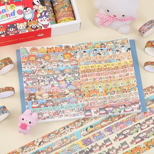 Image of 24 Rolls Colorful Cute Cartoon Animal Writable Washi Tape Set, Decorative Tapes for Scrapbooking and Journaling, Junk Journal Supplies, Bullet Journaling for Women Girl 8-15mm Wide 9.84ft Long /Roll