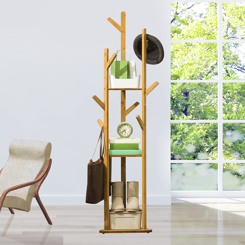 Appendiabiti In Bambù 165 Cm – Con Ripiano Porta Scarpe E Ganci – Colore Naturale Ecologico