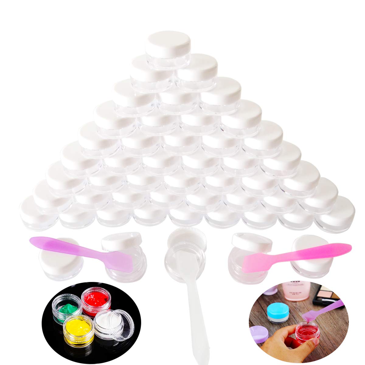 Wopanxye 50pcs 3g Jars 3 Grams Small Travel Sample Containers, 3ml Empty Plastic Round Jar with Lid for Cosmetics Lotion