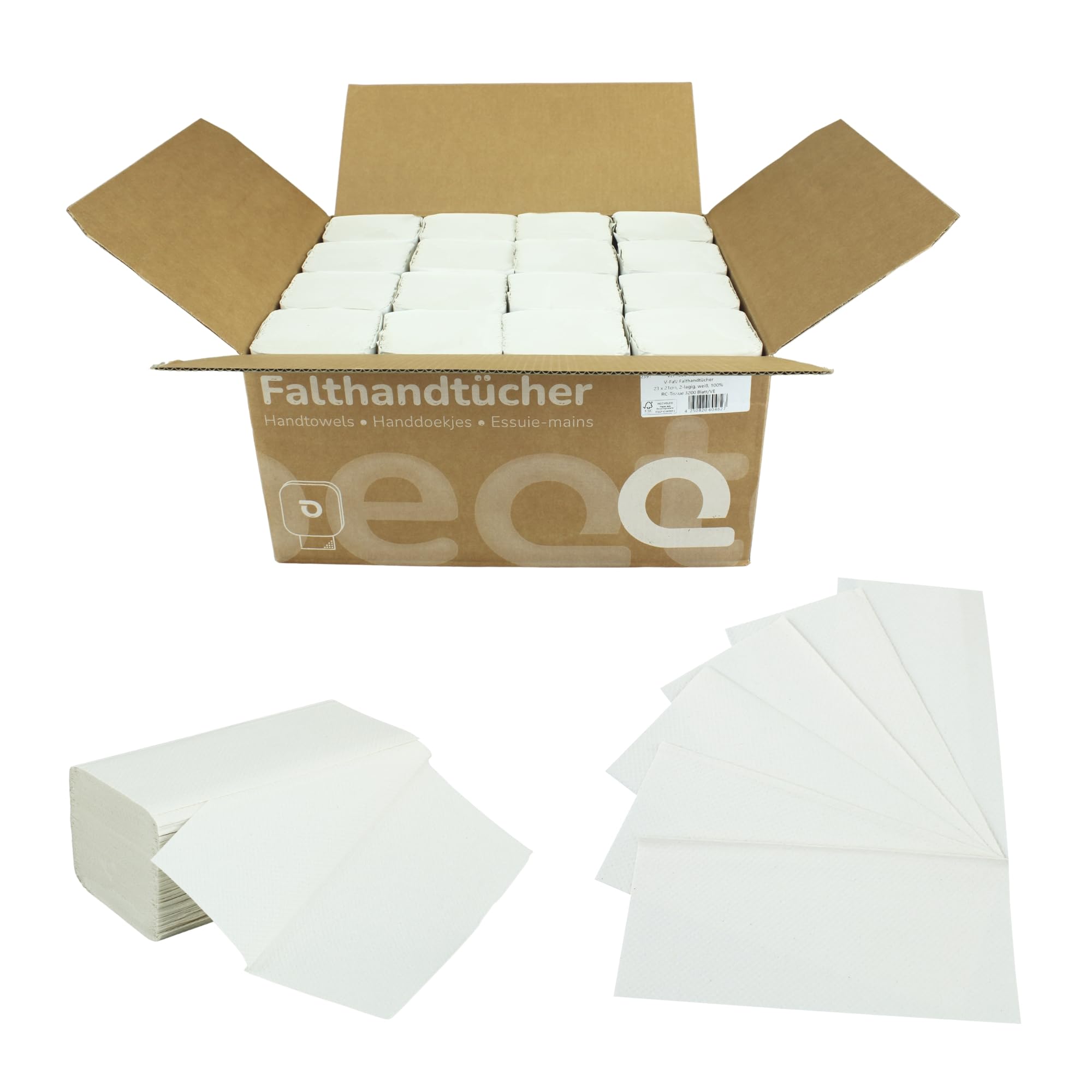 3200 saugstarke, günstige Falthandtücher für alle gängigen Spender | 2-lagig | 23x21 cm | weiß | V-Falz | 16 Päckchen a 200 Tücher= 3200 Tücher im Karton | Huchtemeier