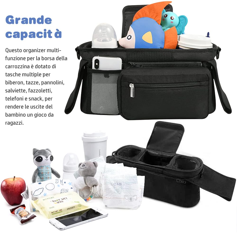 Organiseur de poussette pour bébé avec 2 porte-gobelets, organisateur de poussette avec bandoulière et 2 crochets sécurisés, accessoires de poussette avec poche zippée (noir)