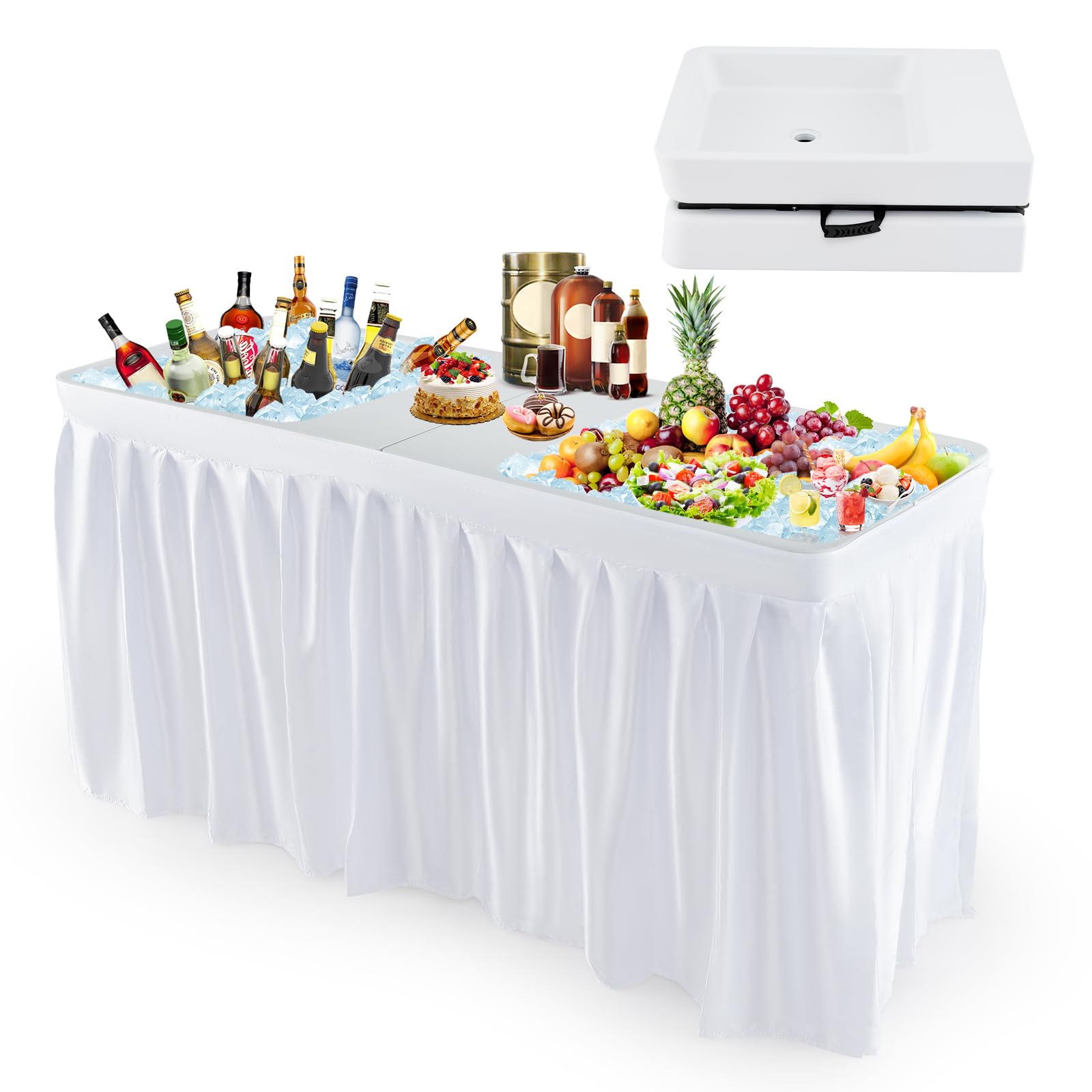 GIANTEX klappbarer Eiskühltisch, Kühltisch mit tiefer Doppelspüle & Entwässerungsloch, Getränkekühler mit abnehmbarem Tischrock, tragbarer Gartentisch für Party, Camping, Picknick & BBQ