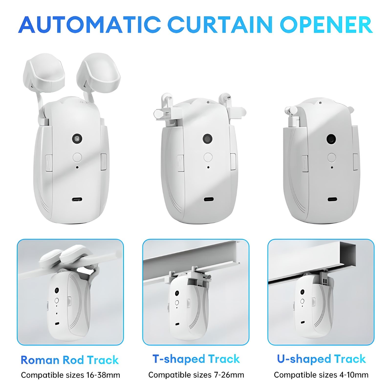 Apritende intelligente 3 in 1, Apritende elettrico con telecomando Bluetooth, Facile da installare/Avvio con un clic/Batteria da 4000 mAh, per asta romana/binario a T/binario per tende a U 2PCS