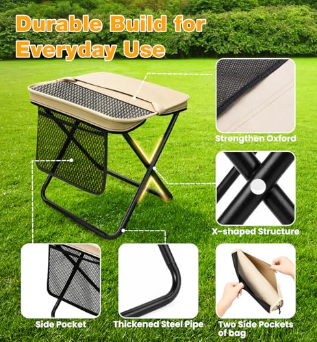 Image of 2 Pcs XL Foldable Backpack Stool for Adults, 14.2 inch Wide Seat & Knee-Friendly Folding Stool Pocket Chair, Portable Chairs, Heavy Duty Collapsible Camping Seat for Fishing Travel - Green