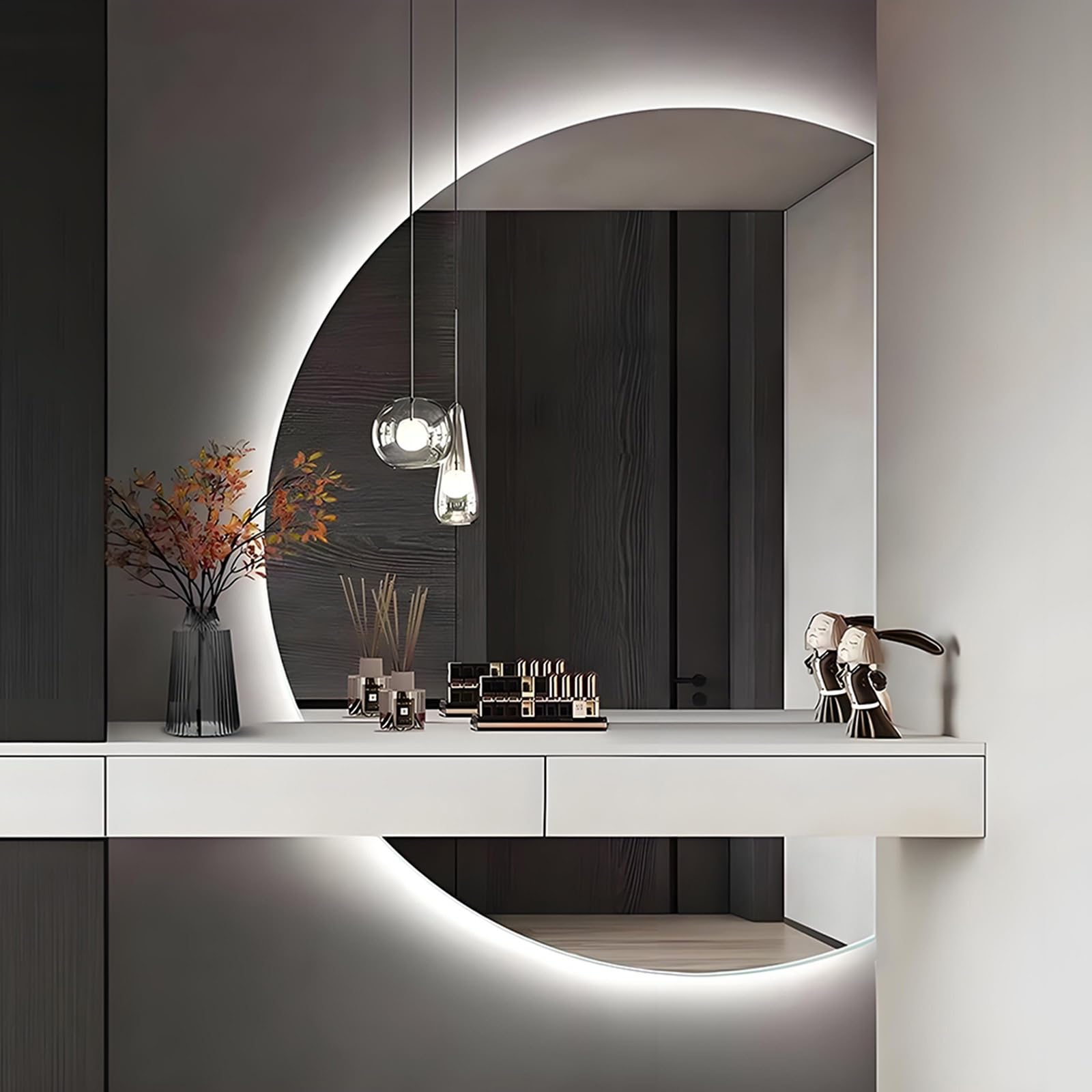 SXFSDOU Semicircle Anti-fog Bathroom Mirror 3 Colors Light 43"x28", LED Backlight Frameless Wall-mounted Dressing with Smart Touch Switch 51"x35"(Right Cut,51" L x 35" W)