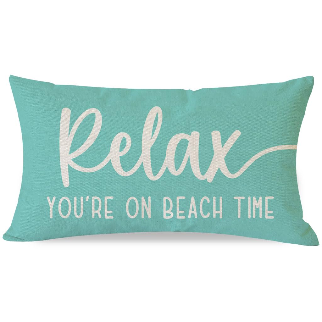 PANDICORN Beach Throw Pillow Covers 12x20 Inch Relax You're on Beach Time Turquoise Outdoor Coastal Nautical Summer Decorations Sign Lumbar Decorative