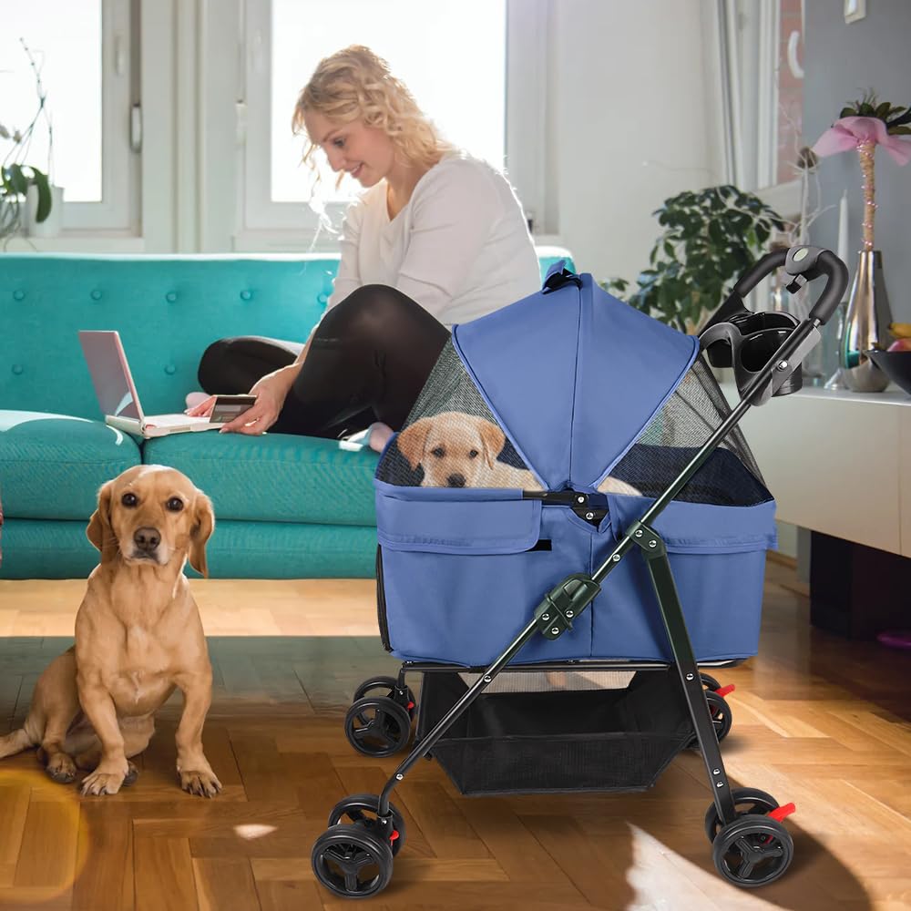 Passeggino pieghevole per animali domestici, passeggino pieghevole per animali domestici, 4 ruote per cani e gatti, cucciolo di piccole e medie dimensioni, fino a 20 kg-separabile - blu