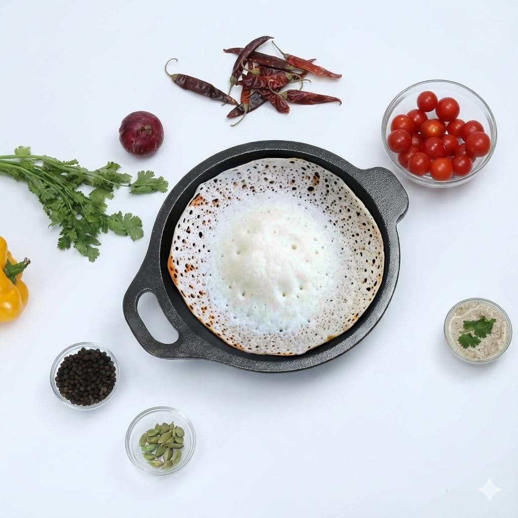EUGOR from House of TheHealthyCliQ Cast Iron Appa Chatti/Appam Pan/Appam Patra/kallu Pre- Seasoned with Organic Cooking Oil (APPAM) - Black
