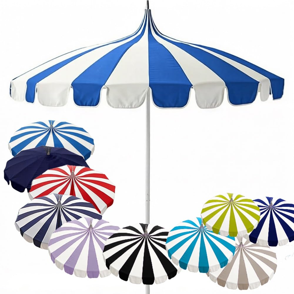 LARAKVEAKV Stripes Patio Pagoda Umbrella, 8ft Pool Umbrellas Market Table Umbrella, Outdoor Umbrellas For Deck Patio, 16 Fiberglass Ribs(Royal blue and white)