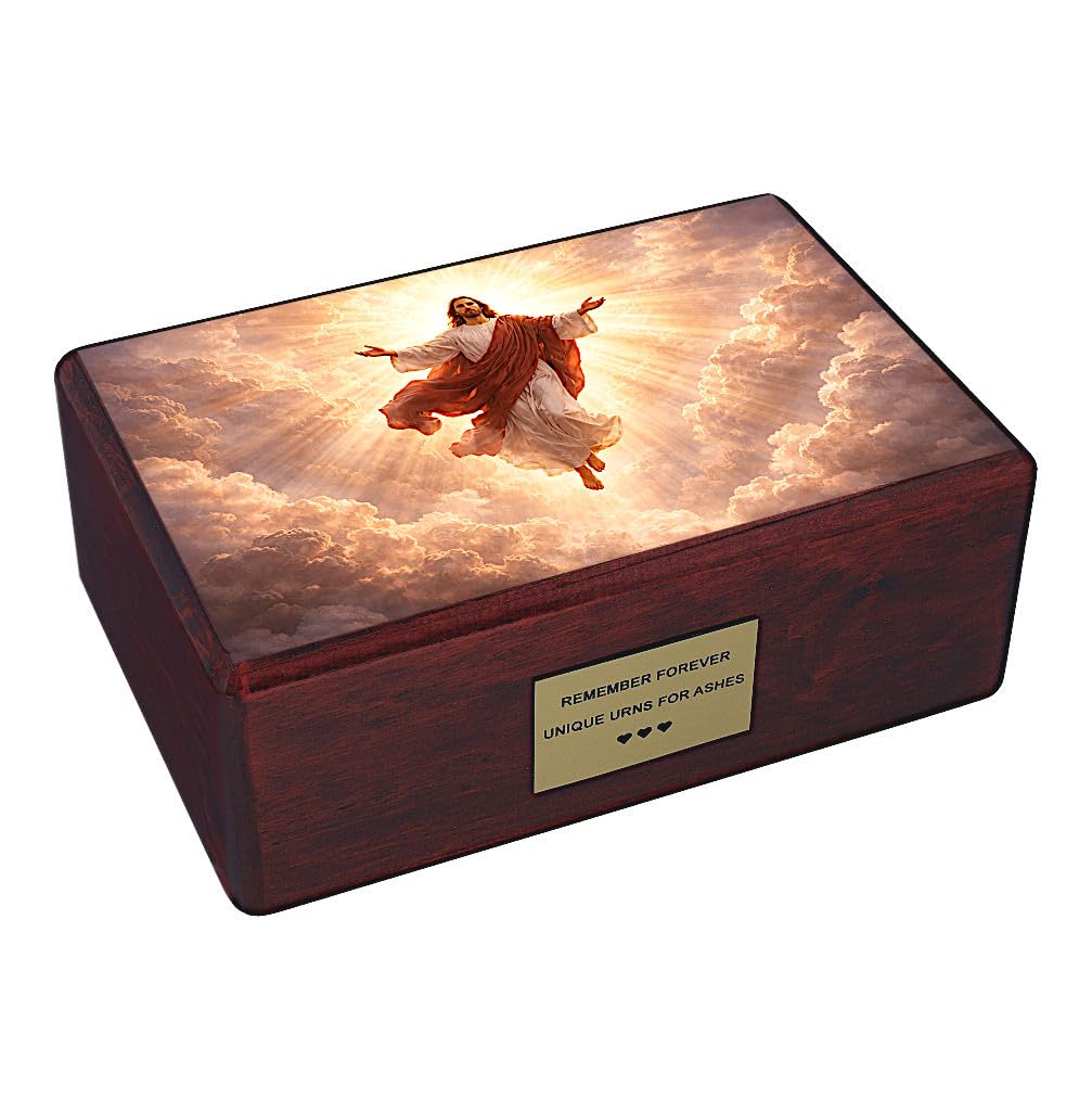 Catholic Cremation Urn for Adult Human Ashes, Wooden Funeral Casket with Risen Christ Resurrection Artwork