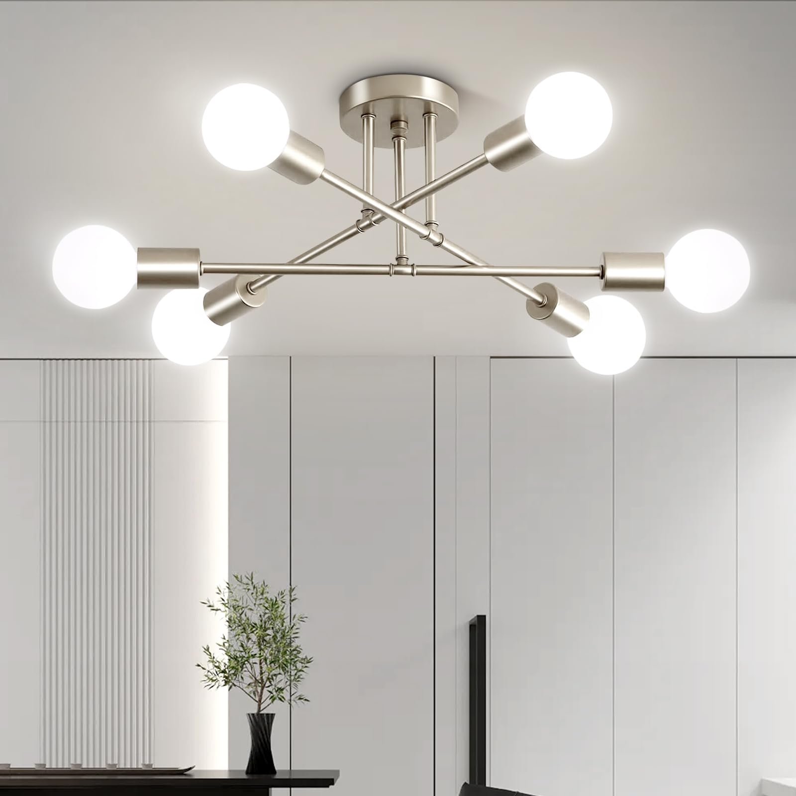Nickle Modern Sputnik Chandelier Ceiling Light Fixture 6-Light Dining Room Light Fixture Industrial Metal Kitchen Lighting Fixtures Ceiling