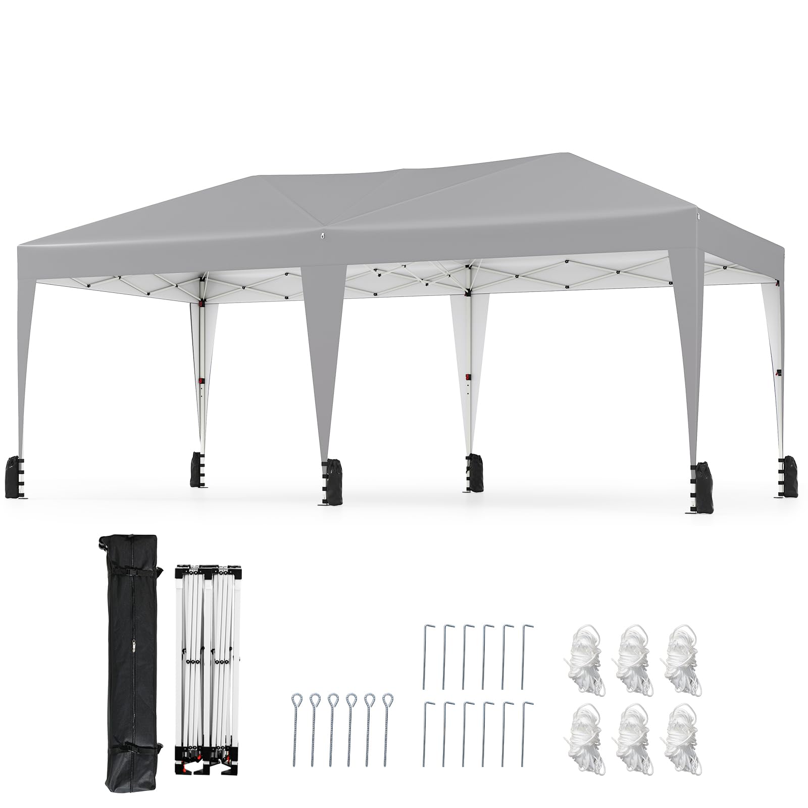 COSTWAY 3x5,9 m Gazebo da Giardino Pieghevole, Regolabile in Altezza, Gazebo Esterno Impermeabile Antivento con Borsa a Rotelle, Montaggio Veloce, Tendone per Feste, Mercati e Matrimoni (Grigio)