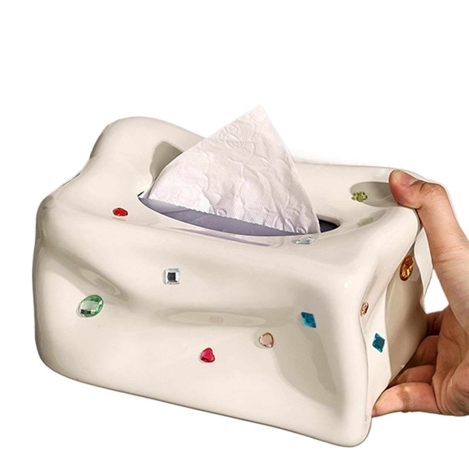 Ceramic Glacier Gem Tissue Box Coffee Table Paper Napkin Storage Box Household Desktop(Beige)