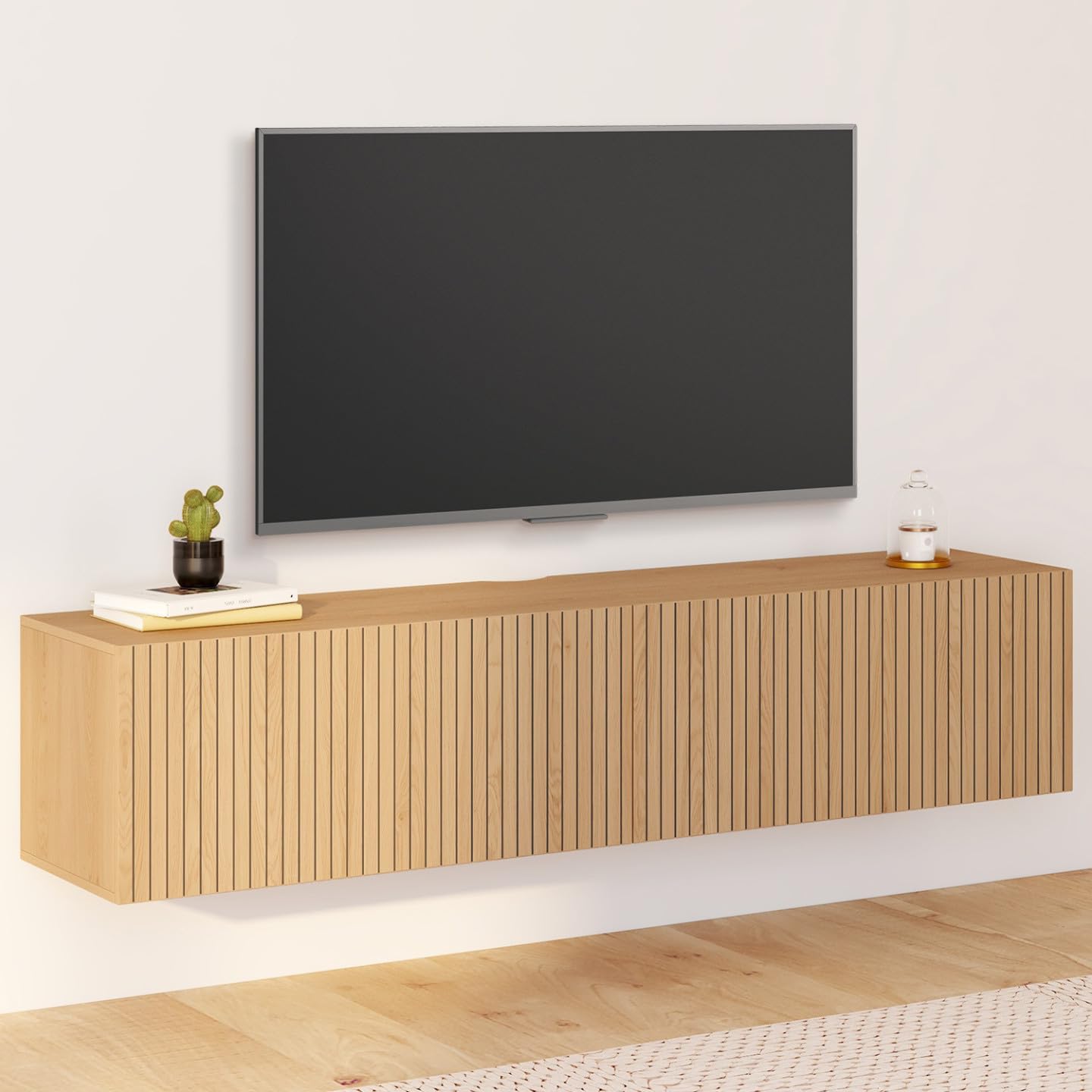 IDMarket - Meuble TV 140 cm Suspendu Juliette 2 Portes Lattes tasseau Bois Coloris chêne