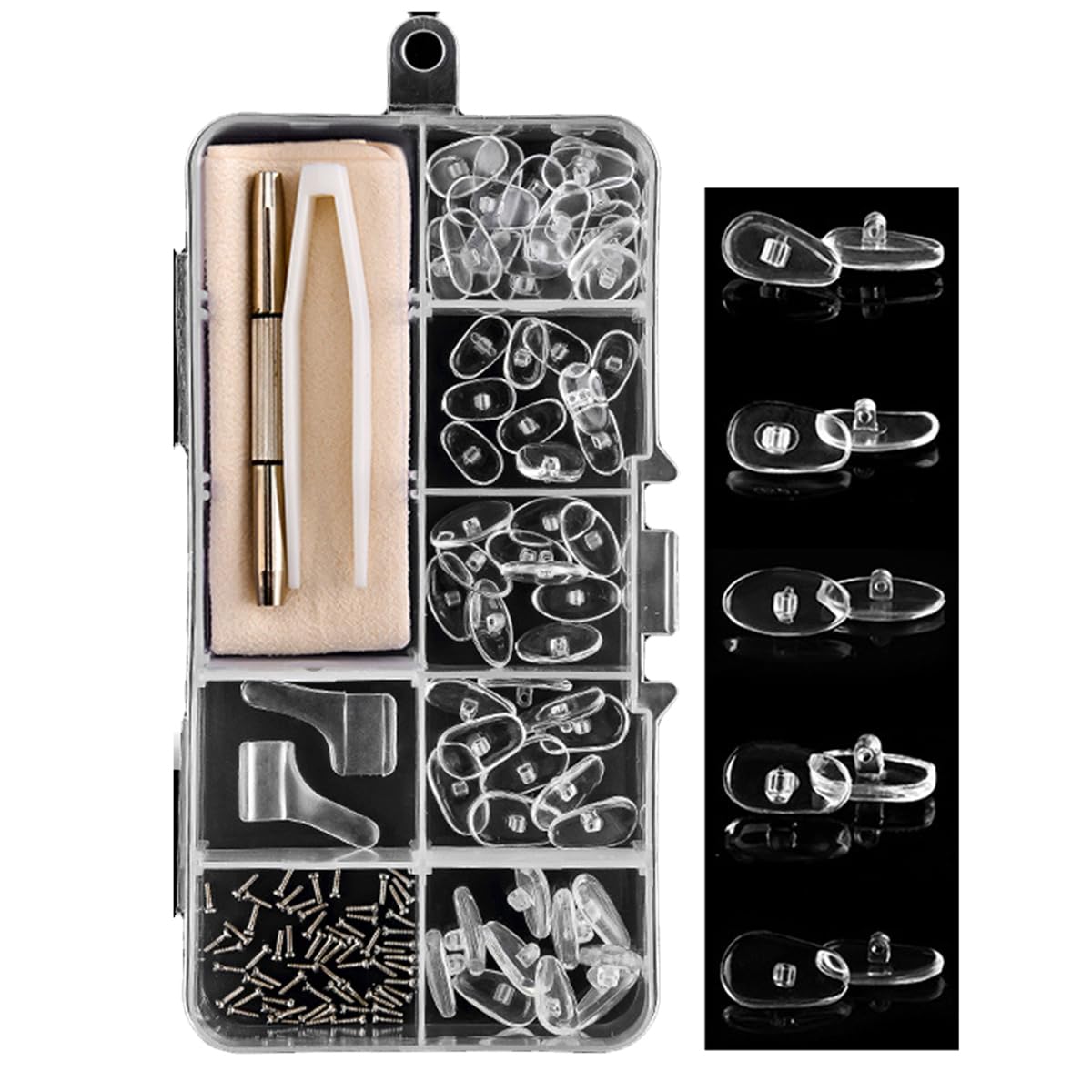 Visxcnu Kit de Reparación de Gafas, 30 Pares Almohadillas de Nariz para Gafas Silicona Enroscables, Almohadillas Nasales para Gafas, con Tornillos Pinzas y Paño de Limpieza