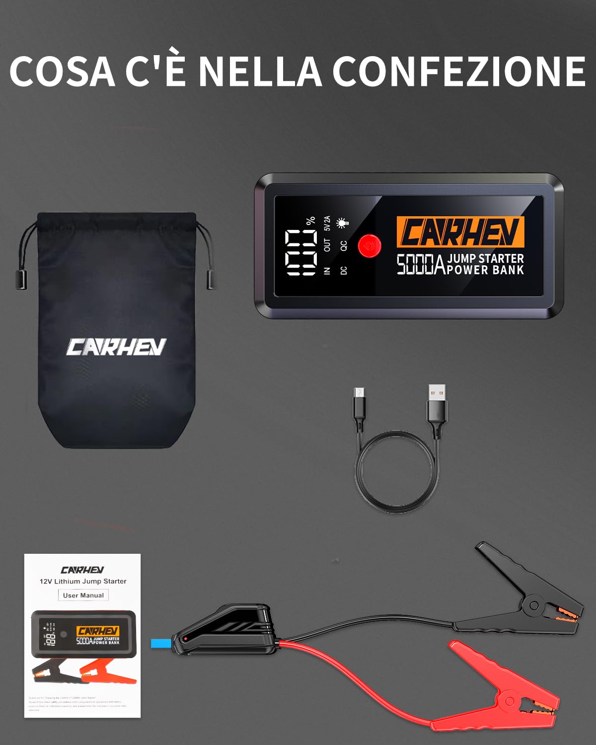 CARHEV Booster Avviamento Auto, 5000A Avviatore Batteria Auto (Fino a 8.0L Benzina/8.0L Diesel), 12V Avviatore Emergenza per Auto con Grande Display LCD e Torcia LED, Starter batteria auto con QC3.0
