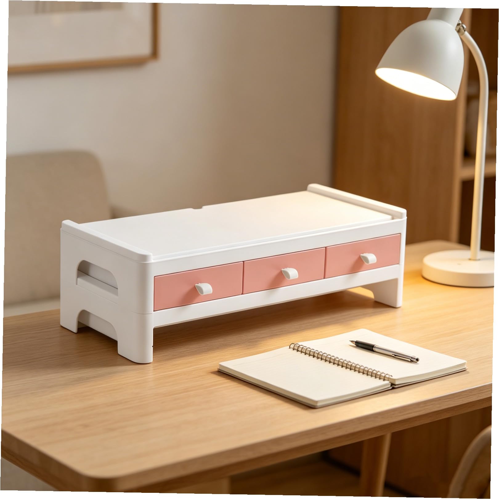 Rialzo Schermo Scrivania Rosa in Plastico Supporto Fisso | Organizzazione Classificata per Stationery e Cosmetici, Uso Domestico, per Studenti e Appassionate Makeup