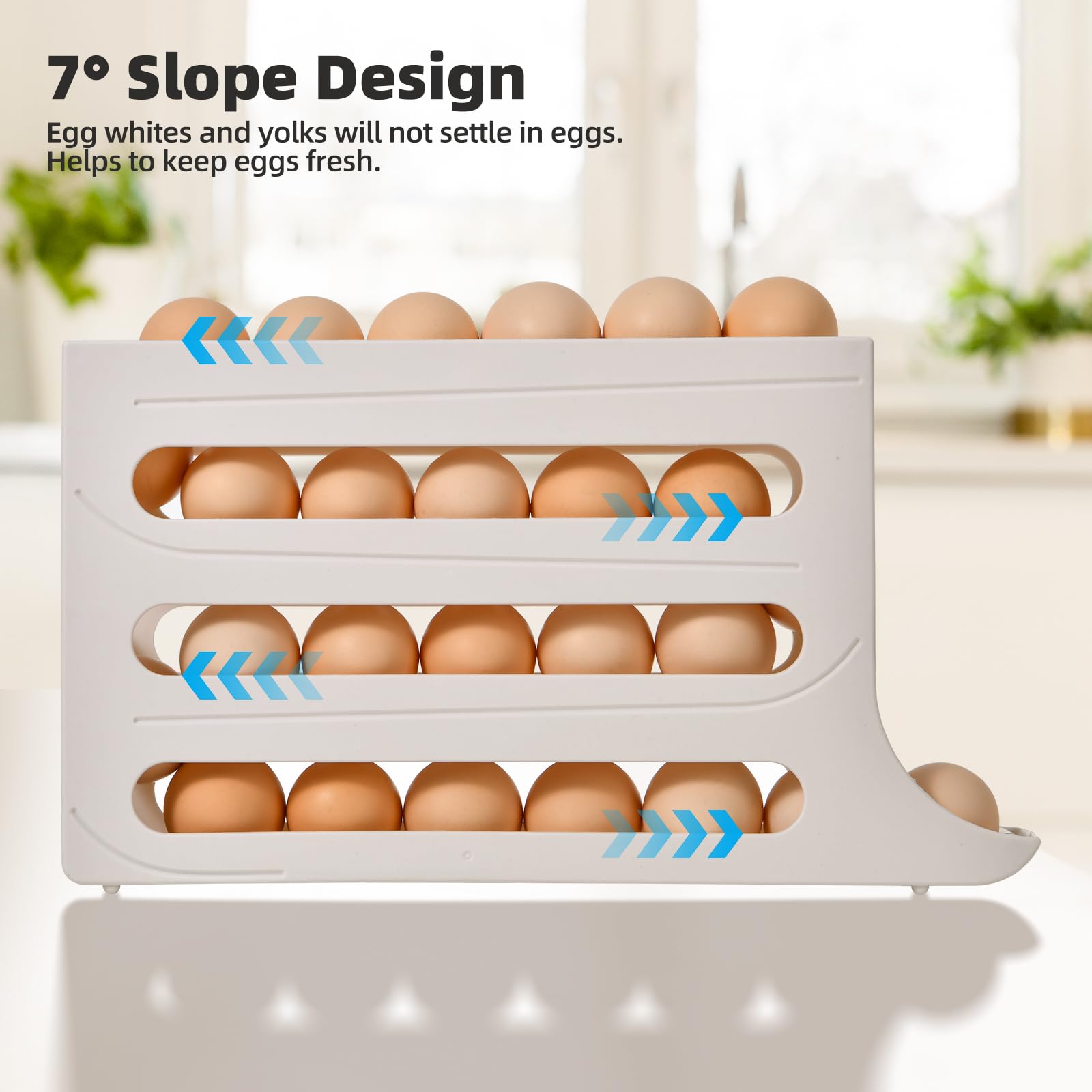 Soporte para 30 huevos para refrigerador, organizador de huevos con ruedas automáticas de 4 niveles para refrigerador, organizadores de refrigerador y almacenamiento (blanco) 4
