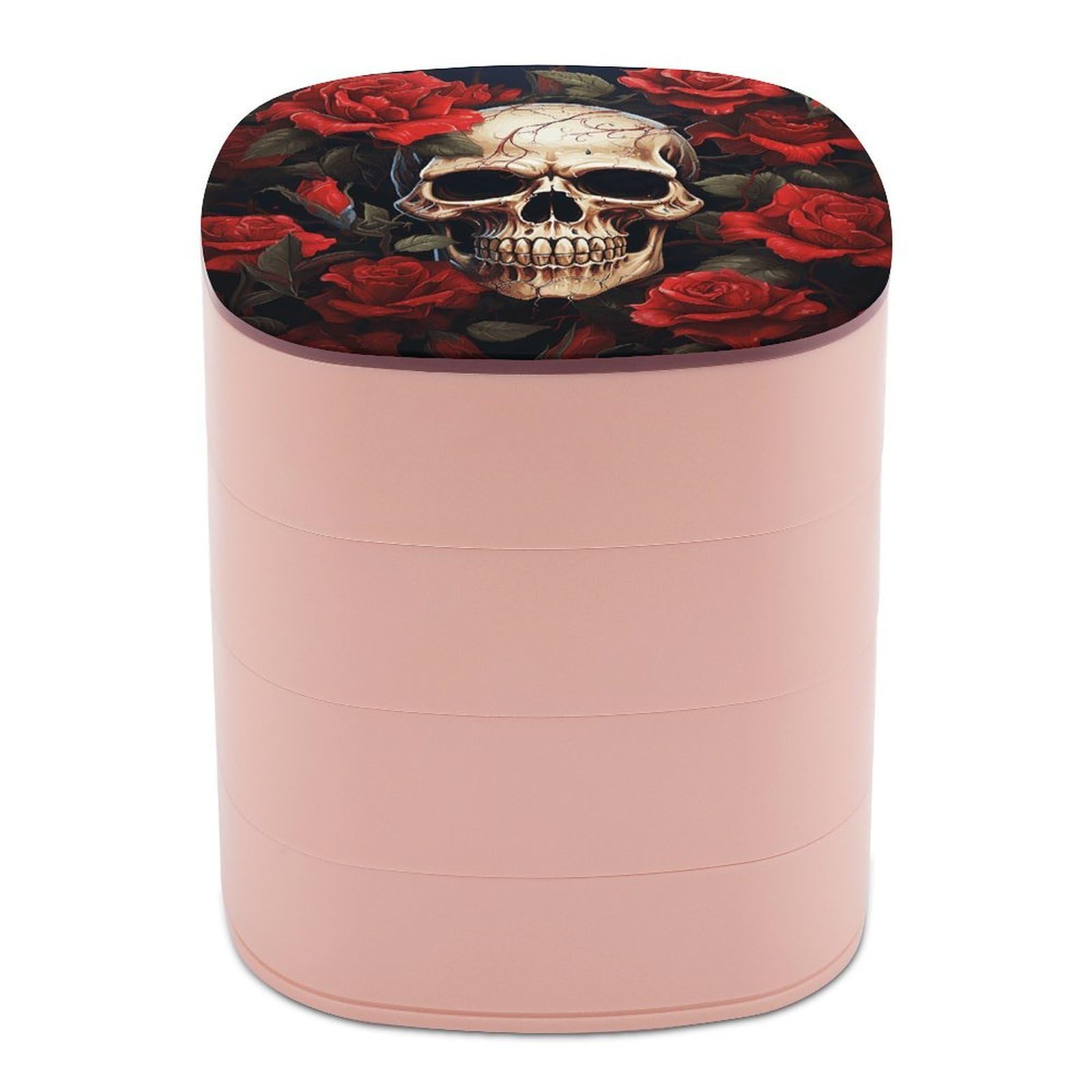VstaDank Skull Rose-Red Jewelry Organizer Small Travel Earring Storage Box with Mirror 4-Layer Rotating Travel Jewelry Tray Case with Lid Large Capacity Jewellery Holder Case