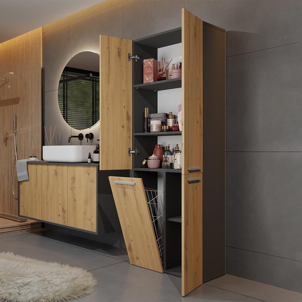ARREDO DA CASA Armadio Bagno a Colonna con Cesto Portabiancheria, 3 Ante Battenti e Anta a Ribalta, Mobile Salvaspazio 60x174x30 cm, in Diversi Colori ABT1 (Rovere/antracite)